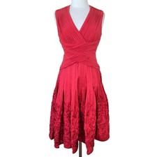 Adrianna Papell Red Fit & Flare Party Dress 6 Sleevless Pleated Floral Applique