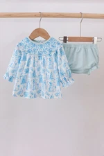 Blue snowman christmas tree smocked bloomer set