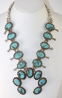 Native American Sterling Fluted Bead Turquoise Squash Blossom 25" Necklace