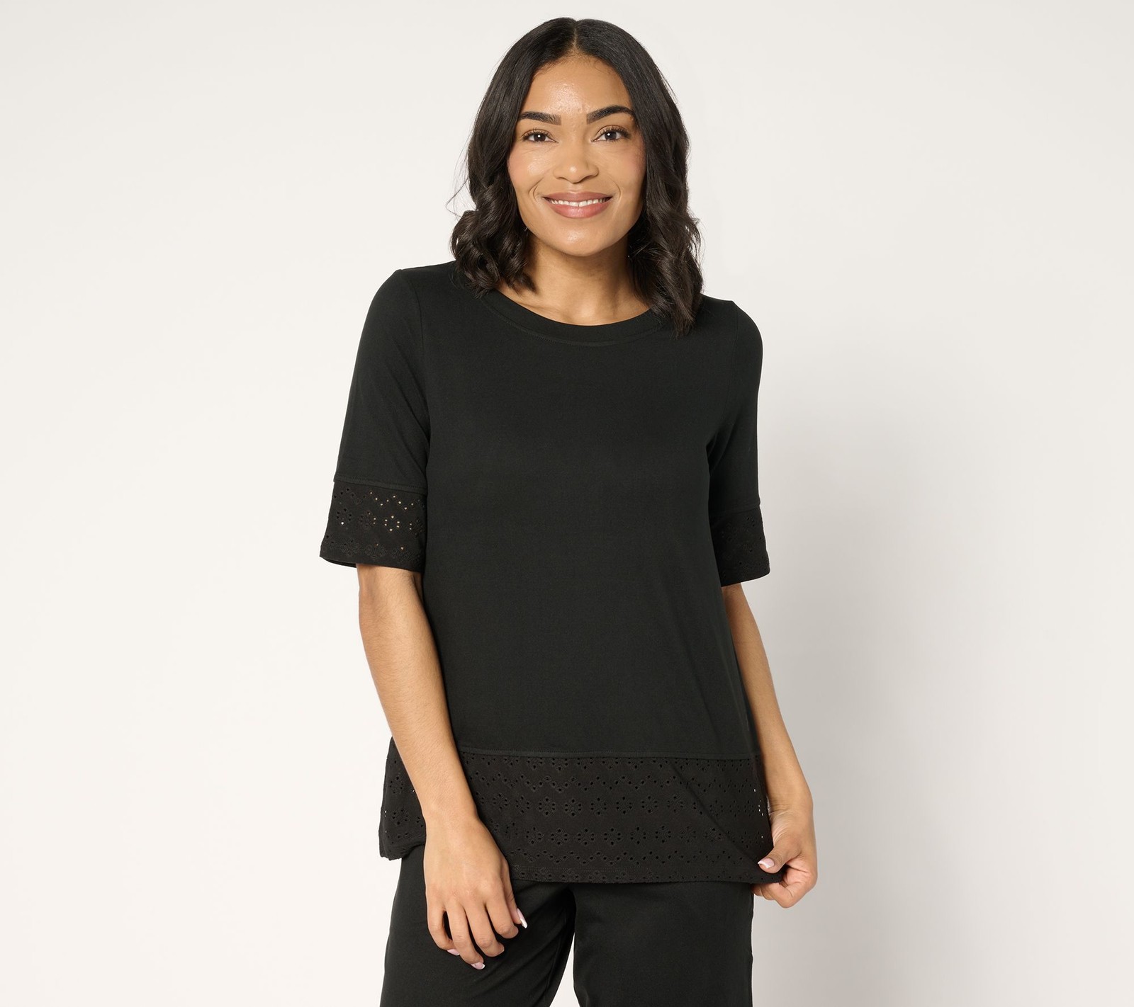 Spartina 449 Women's Top Sz M Flexwear Eyelet Crew Neck Black A676558