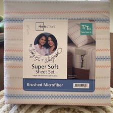 NEW Mainstays Twin/TXL Soft Microfiber Sheet set Wht w/blue/peach 15 Deep