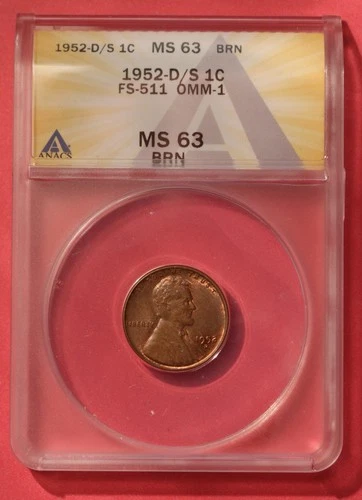 1952 D/S Lincoln Wheat Cent - ANACS MS 63 BRN - OMM-001, FS-511