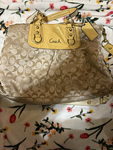 Coach Logo Satchel Top Handle Bag Beige Tan, Shoulder Strap, Pink Lining