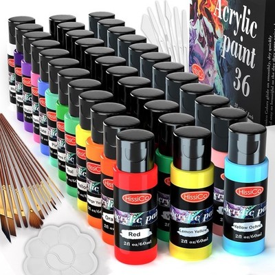 55PCS Acrylic Paint Set of 36 Colors 2Fl Oz 60Ml Bottles 12 Brushes,Non Toxic 36