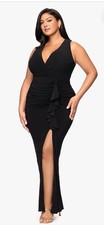 Betsy And Adam "BOBBI" LONG RUFFLED V-NECK GOWN Dress Bodycon Black Size 14W