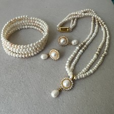Vintage Freshwater Pearl Rhinestone Necklace Pierced Earrings Coil Bracelet