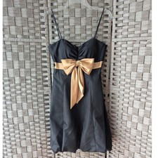 Vtg Y2K Bubble Hem Dress Black Gold Bow Empire Waist 8 Glam Party Formal Hoco