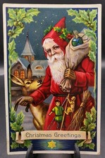 Antique SANTA CLAUS Red Robe Sack Of Toys Deer Gel Postcard 1900s Germany