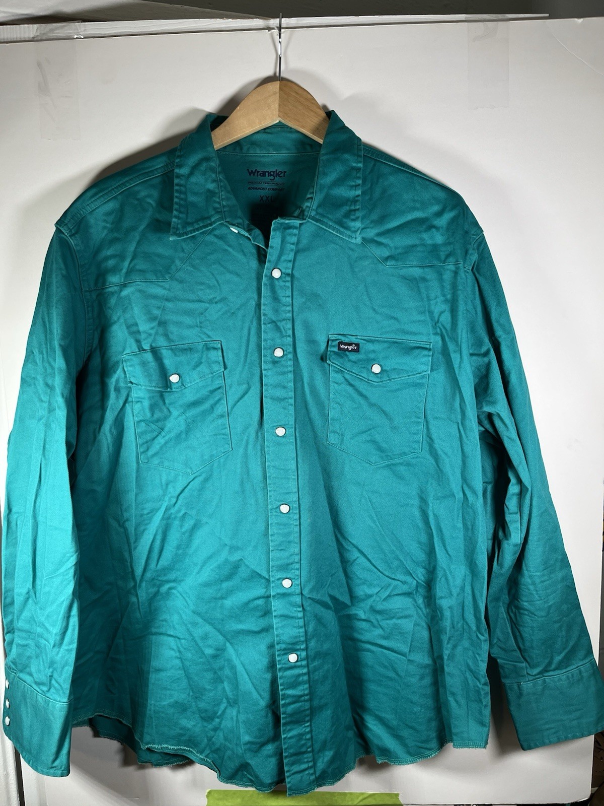 Wrangler Western Snap Shirt Mens 2XL Green Canvas Cotton Pearl Snap Work