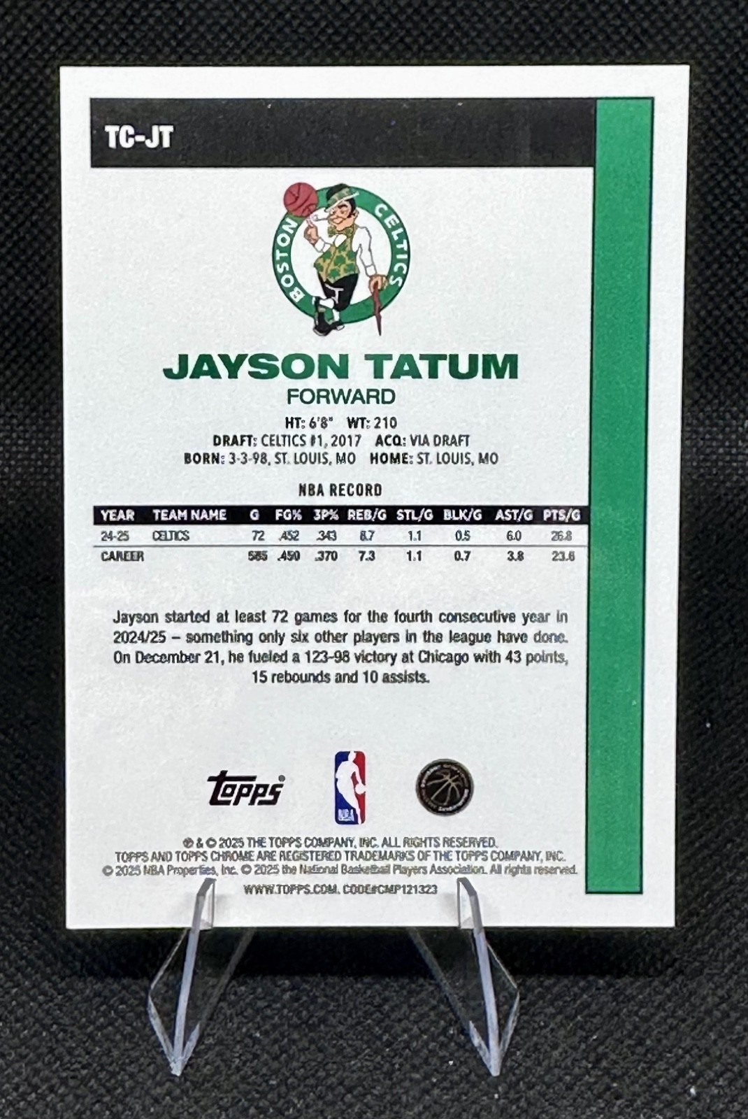 2025 TOPPS Chrome Basketball Jayson Tatum Celtics 24/99 Color Match view 3