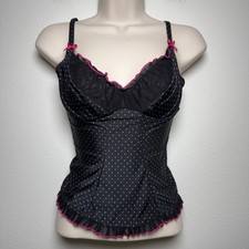 VTG RARE y2k Victoria Secret Polka Dot Corset Bustier Top 2005 Black Pink Ruffle