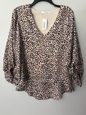 #ad NWT Caramela Womens Size Large Black Brown Leopard Print 3 4 Sleeve Blouse $12.00
