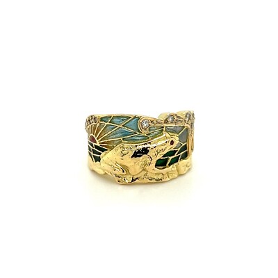 RARE MASRIERA Enamel Frog and Sun Diamond Ruby 18k Yellow Gold Ring Size US 6