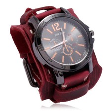 NEW Wide Leather Watch Cuff Band Brown Wrist Black Strap Punk Retro Quartz Mens