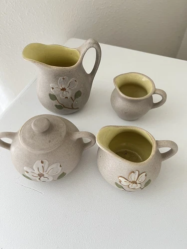 VTG 4 PC Pigeon Forge Pottery Dogwood Creamer Sugar Pitcher Teapot Yellow Glaze
