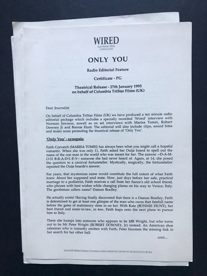 1995 ONLY YOU Colombia Film Robert Downey Jr. Radio Press Sheets Sound ...