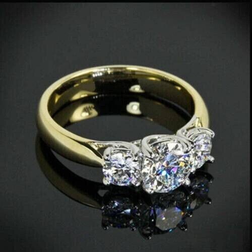 Real Moissanite 2 CT Round Cut Three Stone Women's Ring 14k Yellow Gold Plated