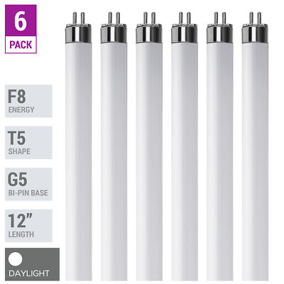 6 Pack F8T5 D 65K Fluorescent Tube 12'' 8W Watt T5 Mini Bi 2-Pin G5 Daylight