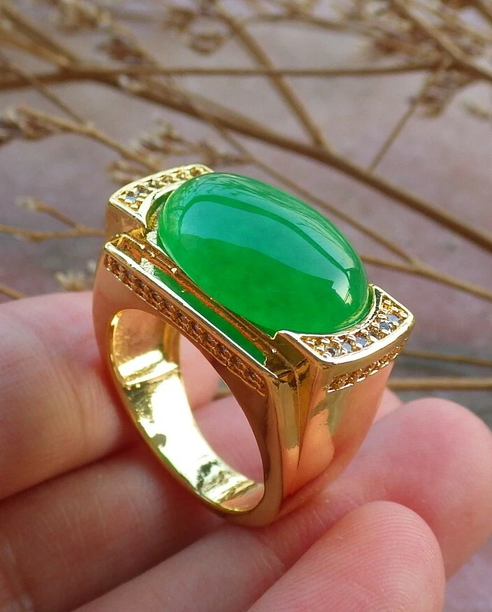 Yellow Gold Plate Green JADE Cabochon RING Diamond Imitation 7.75