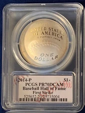 U.S. 2014-P BASEBALL HALL OF FAME SILVER DOLLAR, PROOF, CERTIFIED PCGS PR70-DCAM