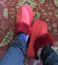 UGG Fluff Yeah Slingback Slippers Bright Red Shearling Platform Slides Size 8