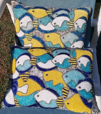 Lot Of 2: Pier 1 Handmade Fish Beaded Decorative Pillows Teal Blue Life Aquatic