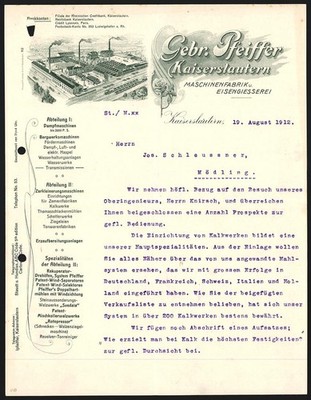 Rechnung Kaiserslautern 1912, Gebr. Pfeiffer, Maschinenfabrik u. Eisengiesserei 