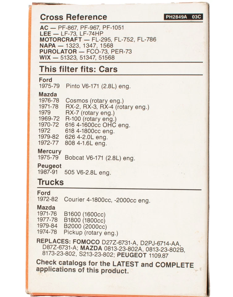 Filtro de aceite de repuesto FRAM para camionetas Mazda serie B 1979-1984 identificación de pieza PH2849A Foto 4 de 4