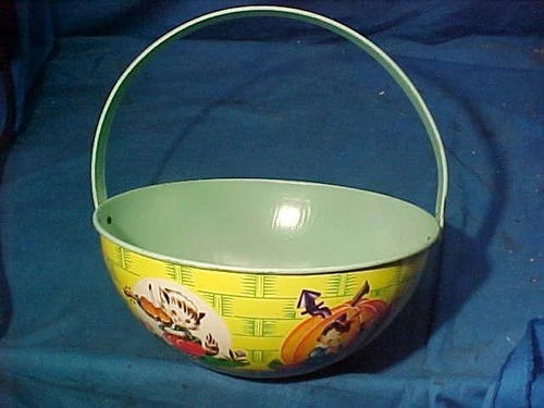 1950s J.CHEIN Tin Litho TOY EASTER BASKET w NURSERY RHYME Images