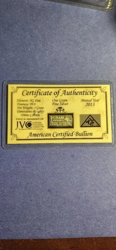ACB 1 Gram AG Bar 99.9 Fine SILVER with Certificate of Authenticity Gr8 Gift! !$