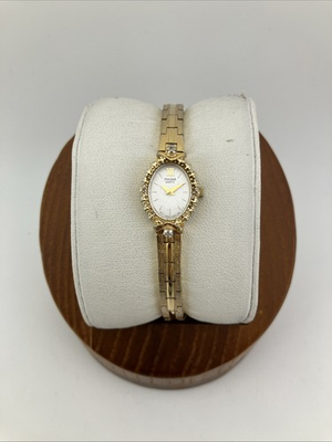 #ad Vtg PULSAR Ladies 15mm Watch Gold Tone Black Dial 4 Diamond Bezel V400 6quot; RUNS $59.99