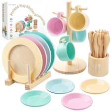 Kids Wooden Play Dishes Set -27Pcs Montessori Play Kitchen Accessories Plates...