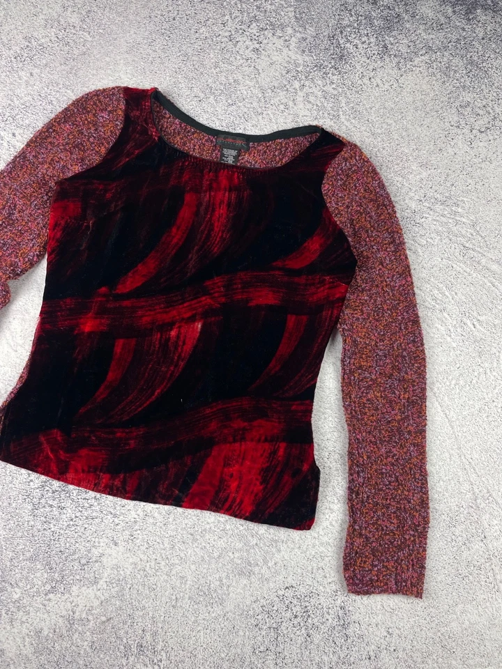 Top tejido terciopelo artístico Y2K Custo Barcelona para mujer rojo púrpura lana abstracta seda Foto 2 de 4