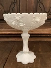 Vintage Fenton Pedestal Compote Candy Milk Glass Dish Cabbage Rose Design
