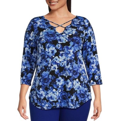 Slim Factor by Investments Royal Bouquet Print V-Neck Criss Cross 3/4 Slv Top 2X