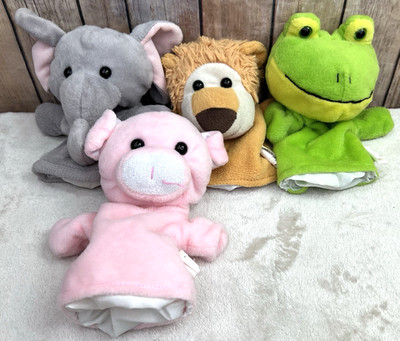 Best Made Toys Hand Puppets Lot 4 Elephant Lion Pig Frog Plush Stuffed Heads