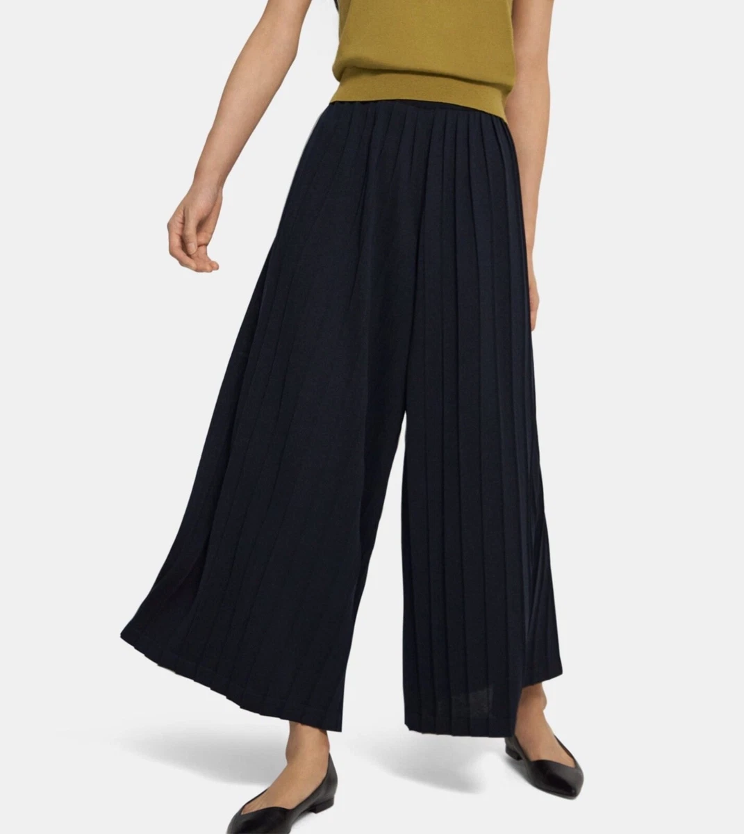 Theory Pleated Palazzo Pants Bristol Cotton Knit in Navy Blue Size Small S