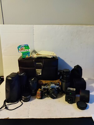 Pentax Super Program 35mm SLR Film Camera, 4 Lenses, Teleconverter, Flash, Bag 