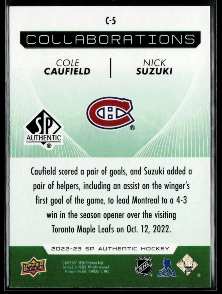 2022-23 SP Authentic Collaborations Green #C-5 Cole Caufield / Nick Suzuki - Image 2 of 2