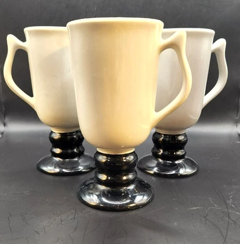 3 Vintage Hall 1272 Pedestal Irish Coffee Mugs Cups Black & White MCM Retro