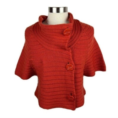 Moth Rust Wool Ribbed Knit Poncho L High Collar Button Cardigan Sweater Cape