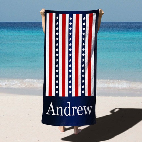 Personalized Blue White Stripe Beach Towel with Name - Picture 7 of 11