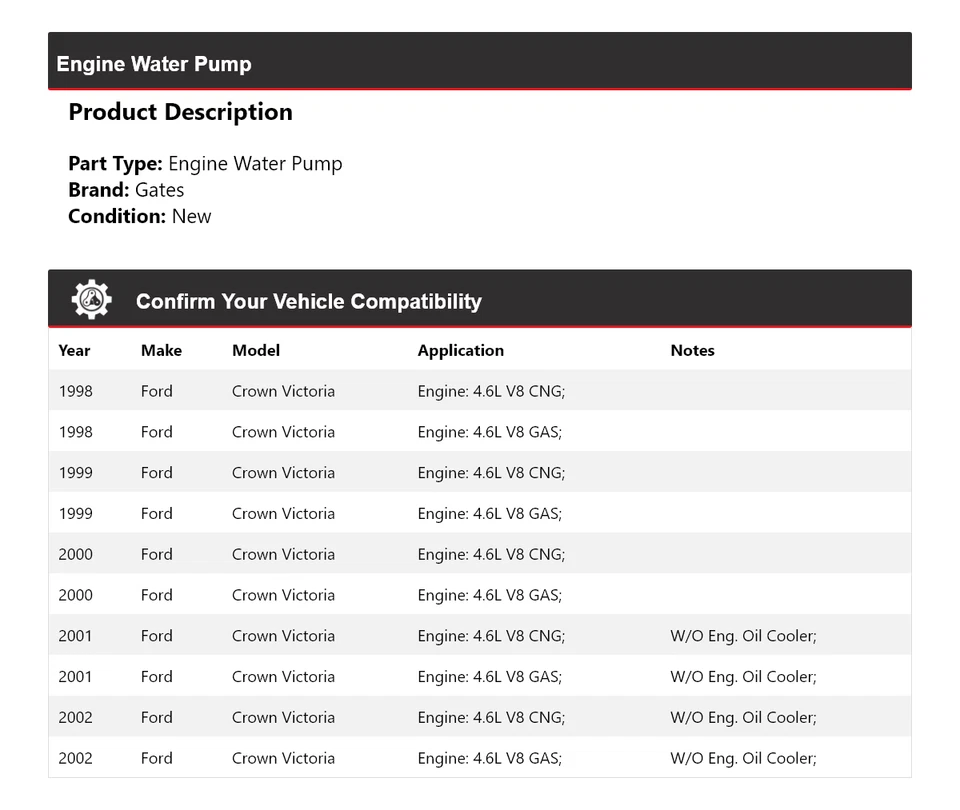 Puertas bomba agua motor Ford Crown Victoria 1998-2002 1999 2000 2001 Foto 2 de 4