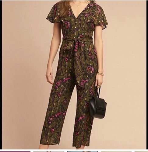 Anthropologie Ett Twa Froral Jumpsuit Relaxed Lightweight Flutter Sleeve Green 4 - Picture 2 of 11