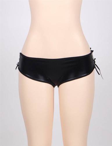 Womens Plus Size Black Faux Leather Crotchless Lace-up Knickers Fetish Bondage - Picture 9 of 11