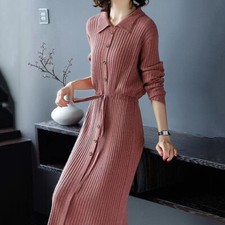 Womens Adjustable Midi Knitted Sweater Dress Fitted Waist Button Long Sleeve
