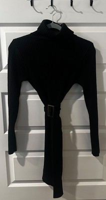 Women's Fashion B.P.C. Black Turtleneck Sweater Mid Length With Belt Size Small