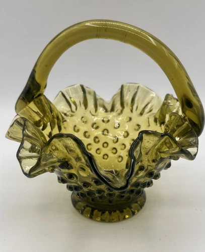 Vintage Fenton Green Glass Hobnail Small Basket Ruffled Edge Applied Handle 6"