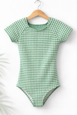 Lands End Girls Green Gingham One Piece Swimsuit Size 5/6 Bow Back