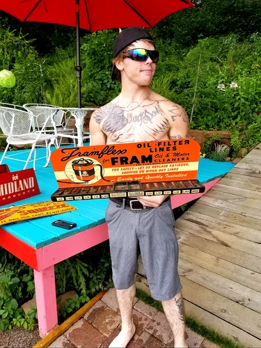 Vintage Metal Fram Rack Display Sign Oil Filter Gas cool Graphics 20 inches 1949